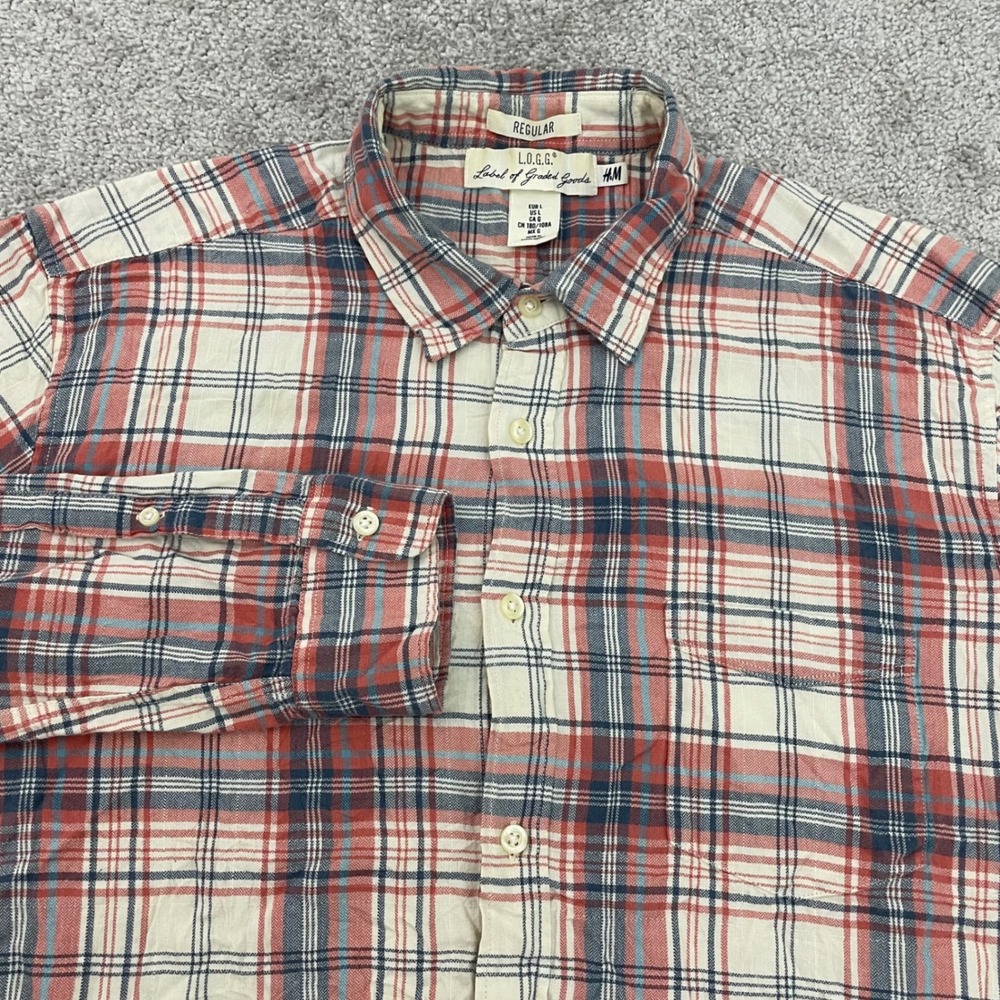 H M Flannel Shirt Womens Medium LOGG Plaid Red White Blue Button Down